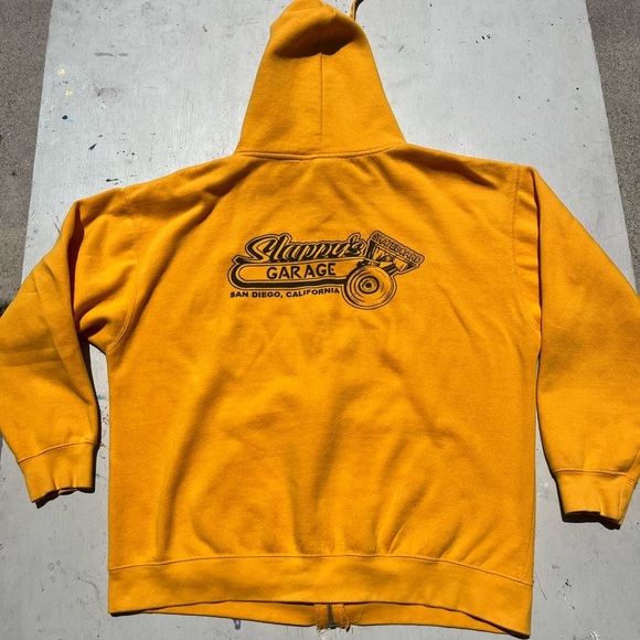 Men's Slappy's Garage Hoodie Yellow Spell-Out L Skateboard San Diego Half Pipe - Picture 11 of 15